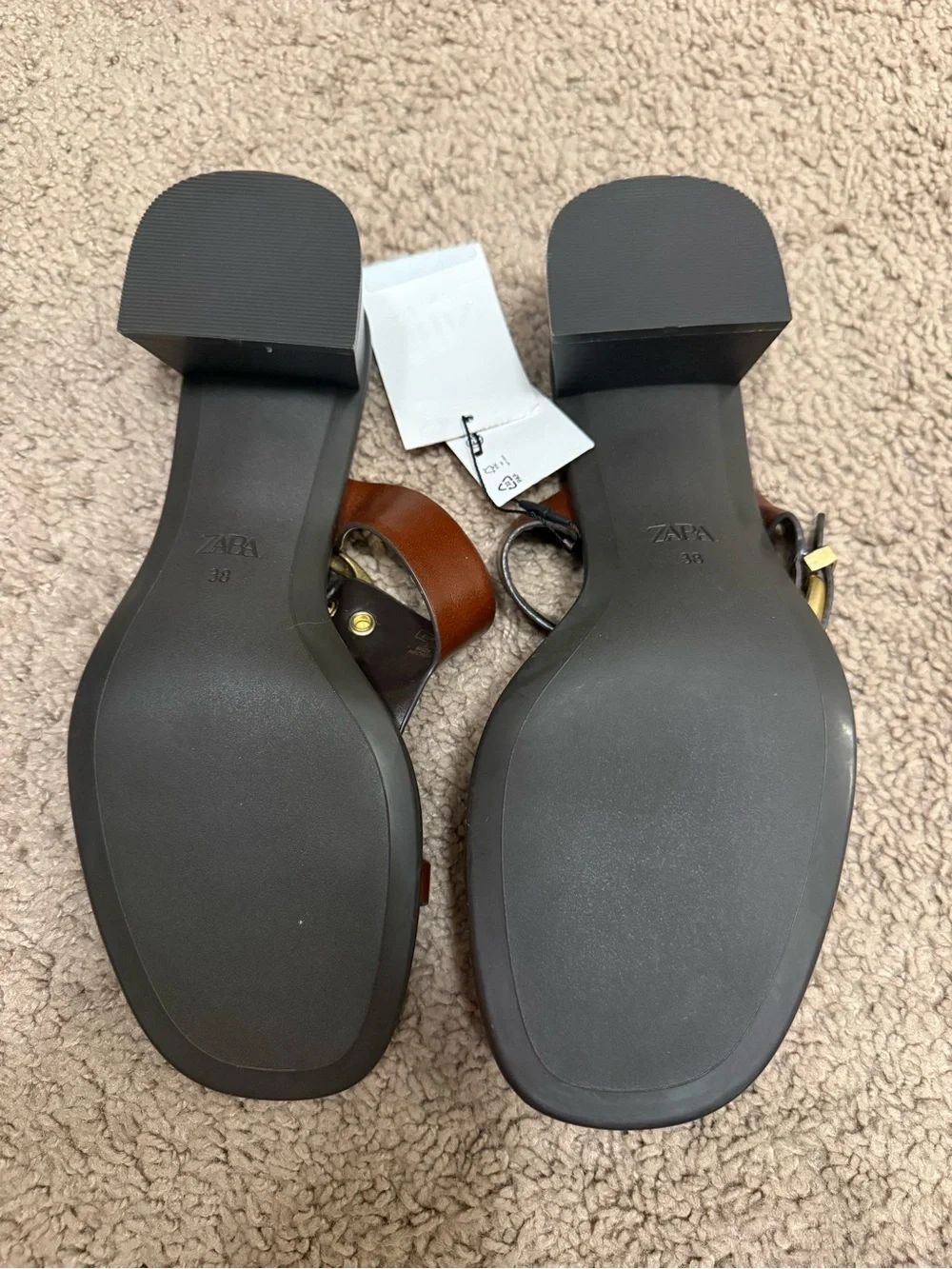Zara Brown Leather Toe-Ring Slide Sandals with Gold Buckle - Picture 5 of 5